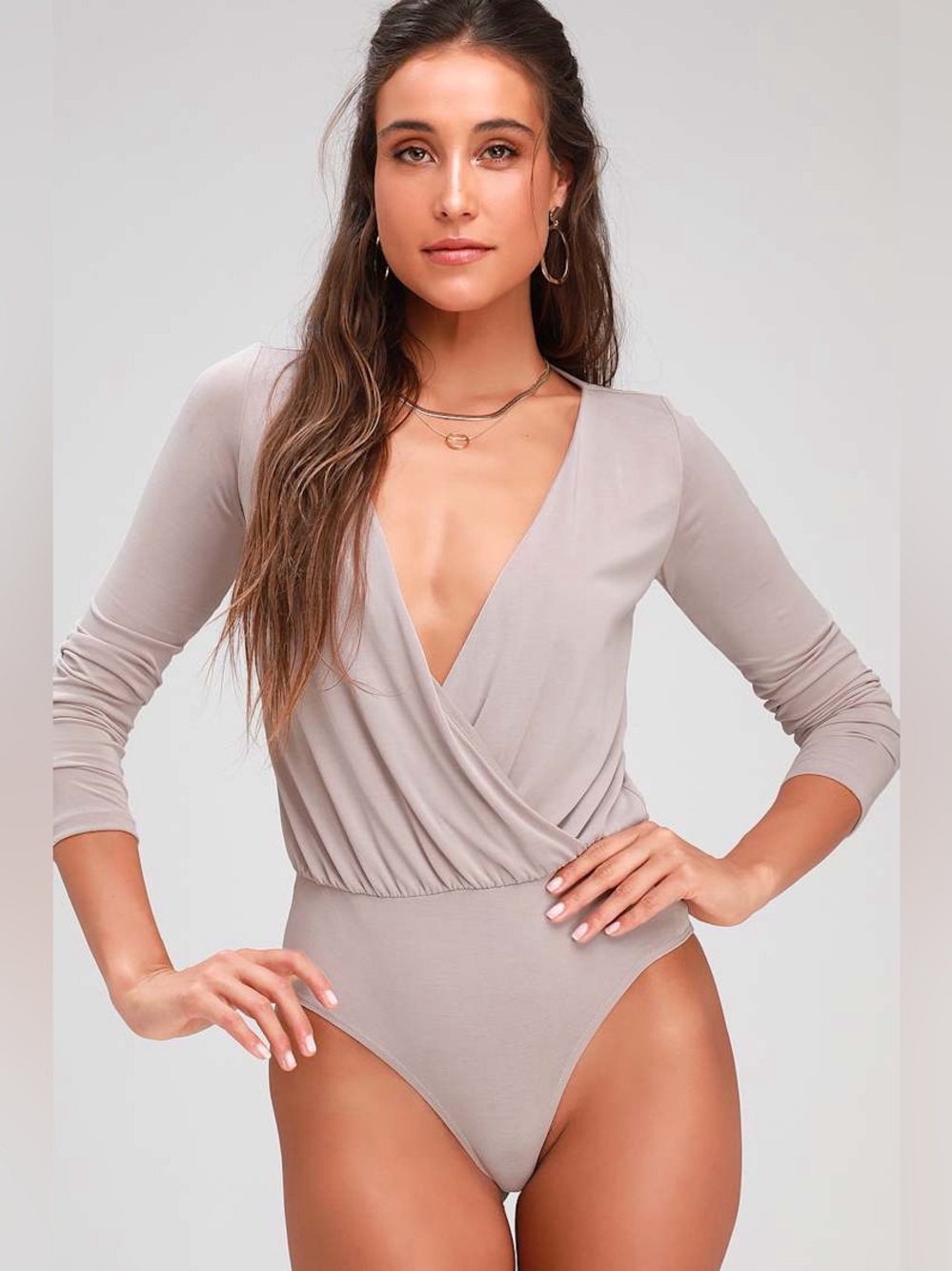 NWT Lulus Striking Looks Taupe Long Sleeve Bodysuit